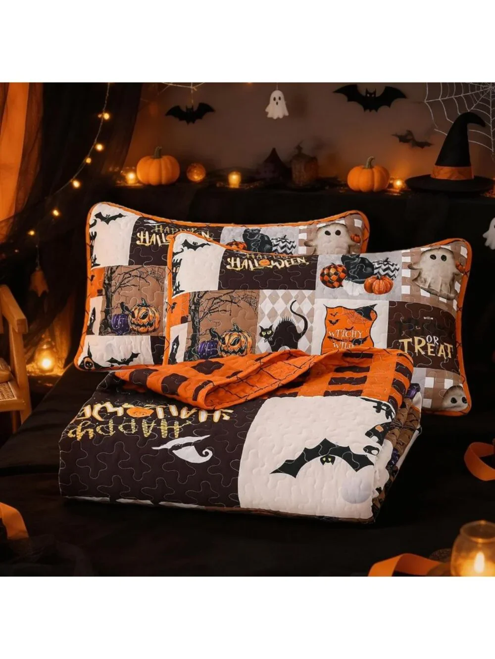 King Size Halloween Quilt Set - Fall Patchwork Bedspread, 3-Piece Cozy Bedding